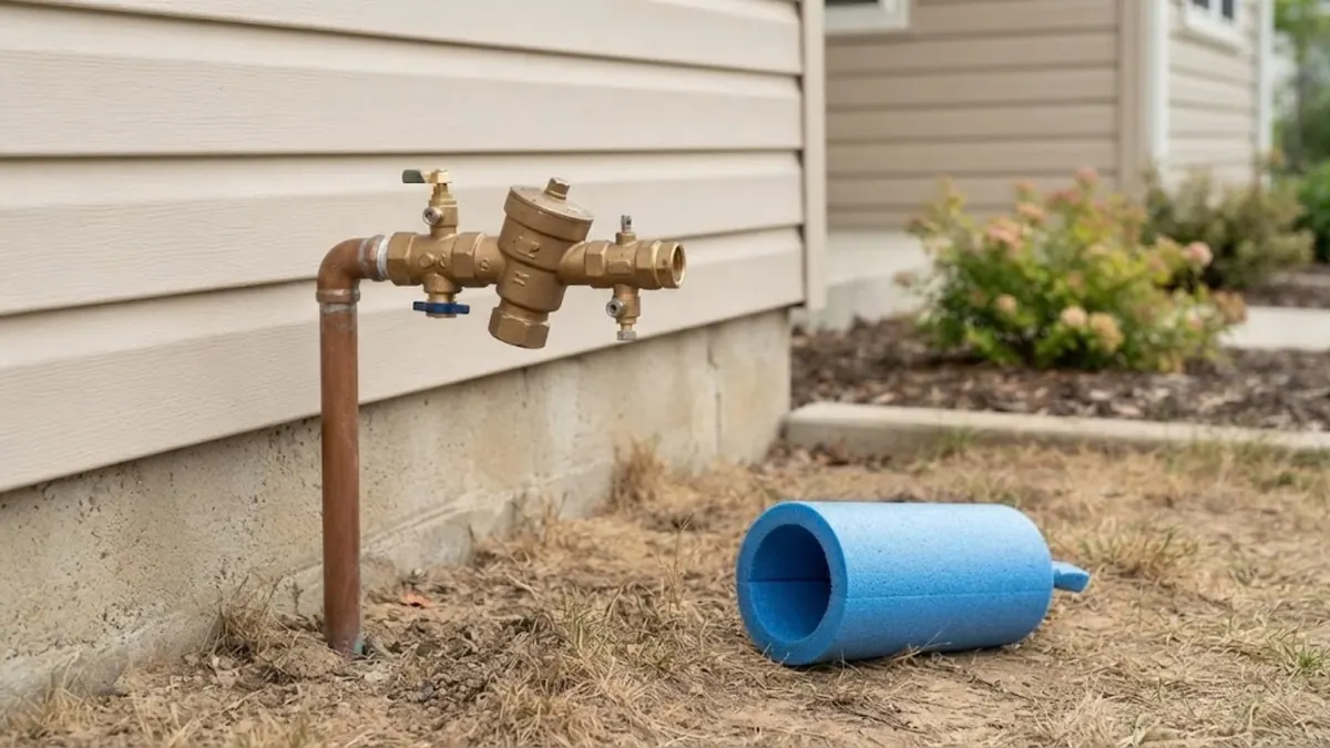 Backflow preventer on a copper riser beside a house with an insulated cover nearby