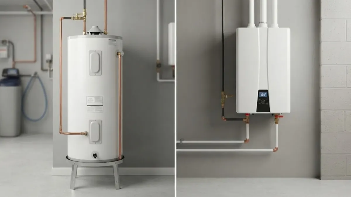 Tank water heater beside a wall-mounted tankless water heater