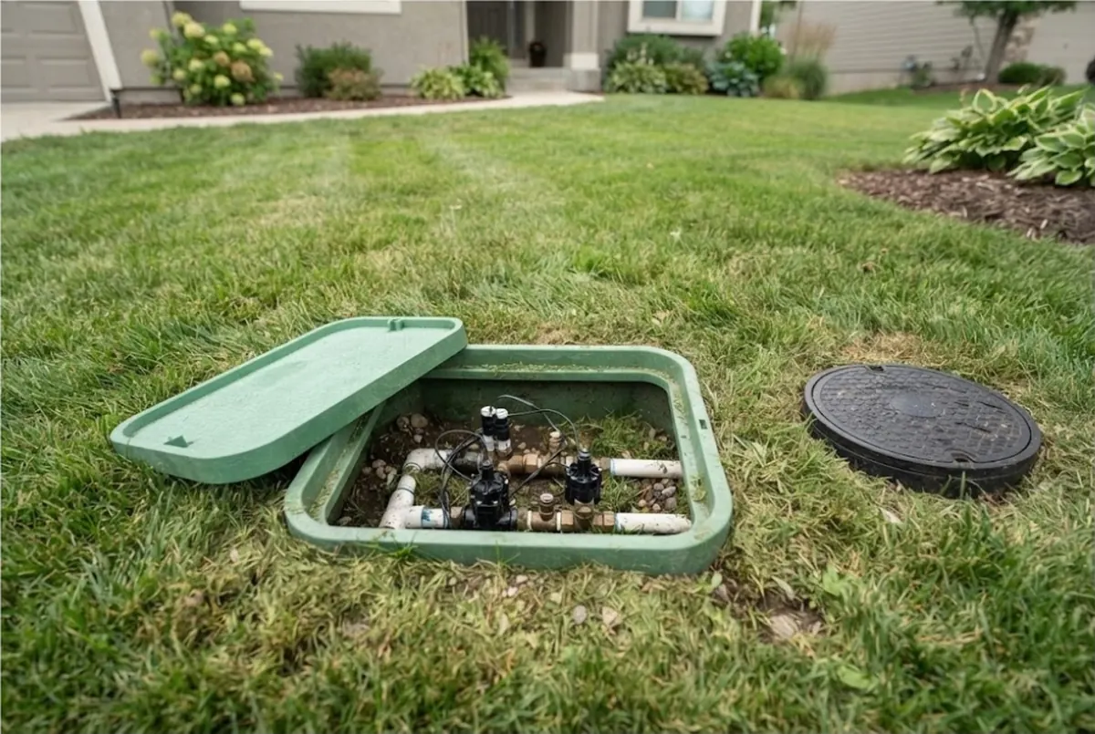 Open sprinkler valve box beside a round utility lid in a front lawn